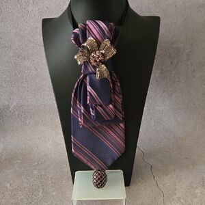 Purple Striped Necktie with Brooch